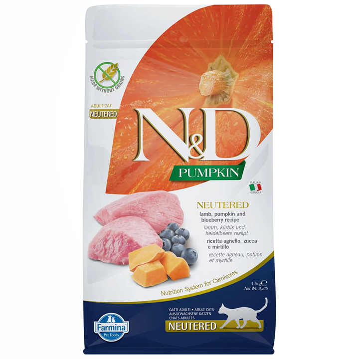 N&D Pumpkin - Kuzulu, Balkabaklı ve Yaban Mersinli Kısırlaştırılmış Kedi Maması 1,5KG