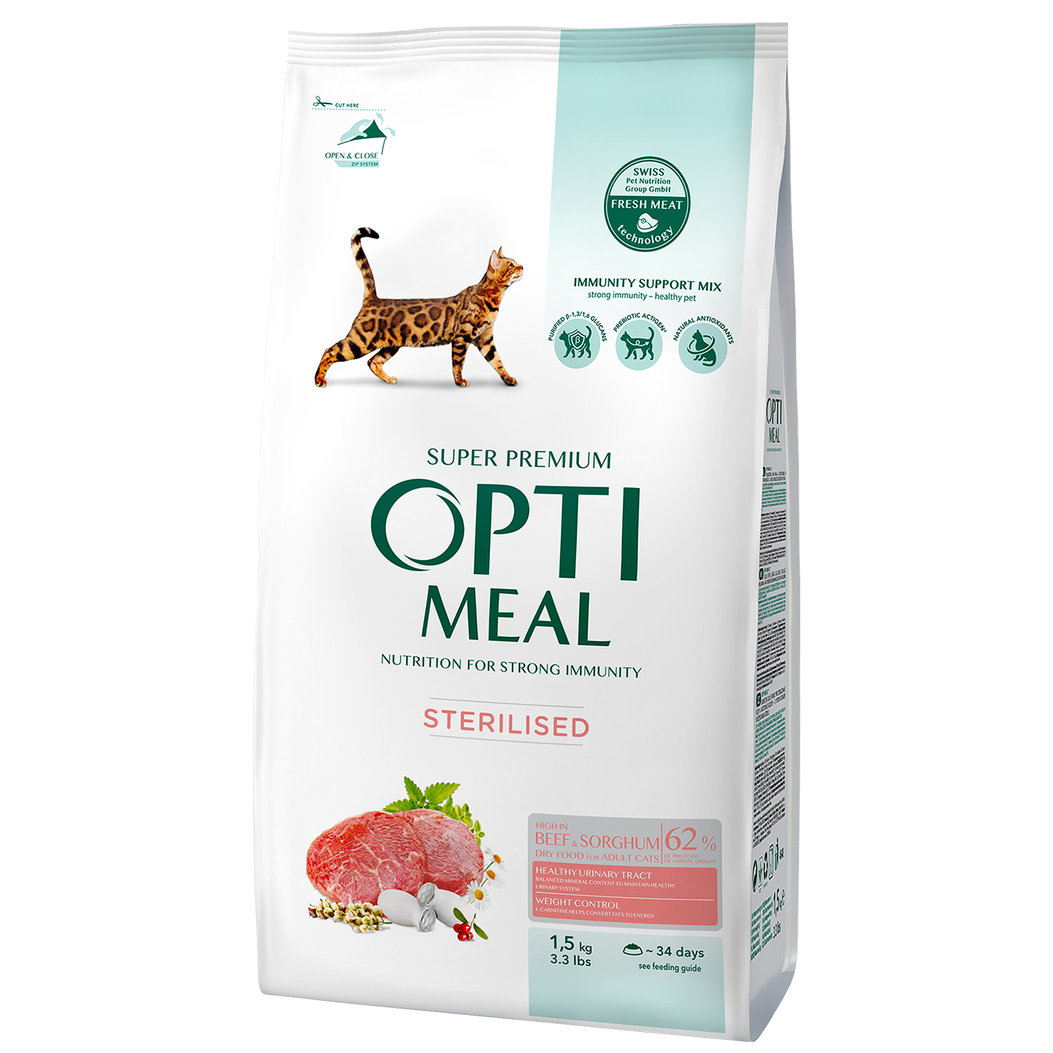 OptiMeal Düşük Tahıllı Dana Etli Kısırlaştırılmış Kedi Maması 1.5 KG