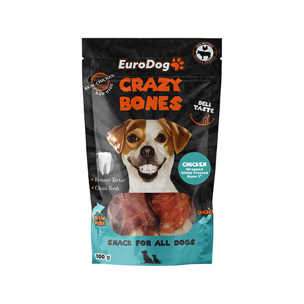 EuroDog Crazy Bones Diş Sağlığı için Tavuk Sargılı Beyaz Press Köpek Kemiği 100gr 7,5cm (3'lü)