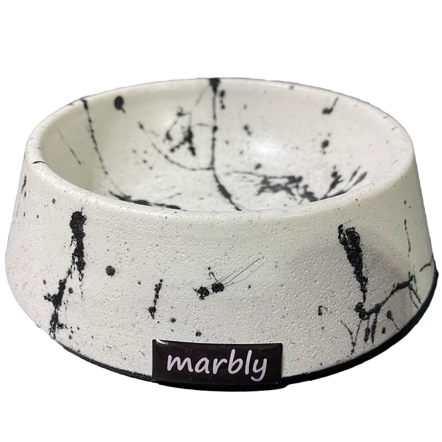 Migno Kedi-Köpek Mama-Su Kabı Mermer (Beyaz-Siyah) 225 ml
