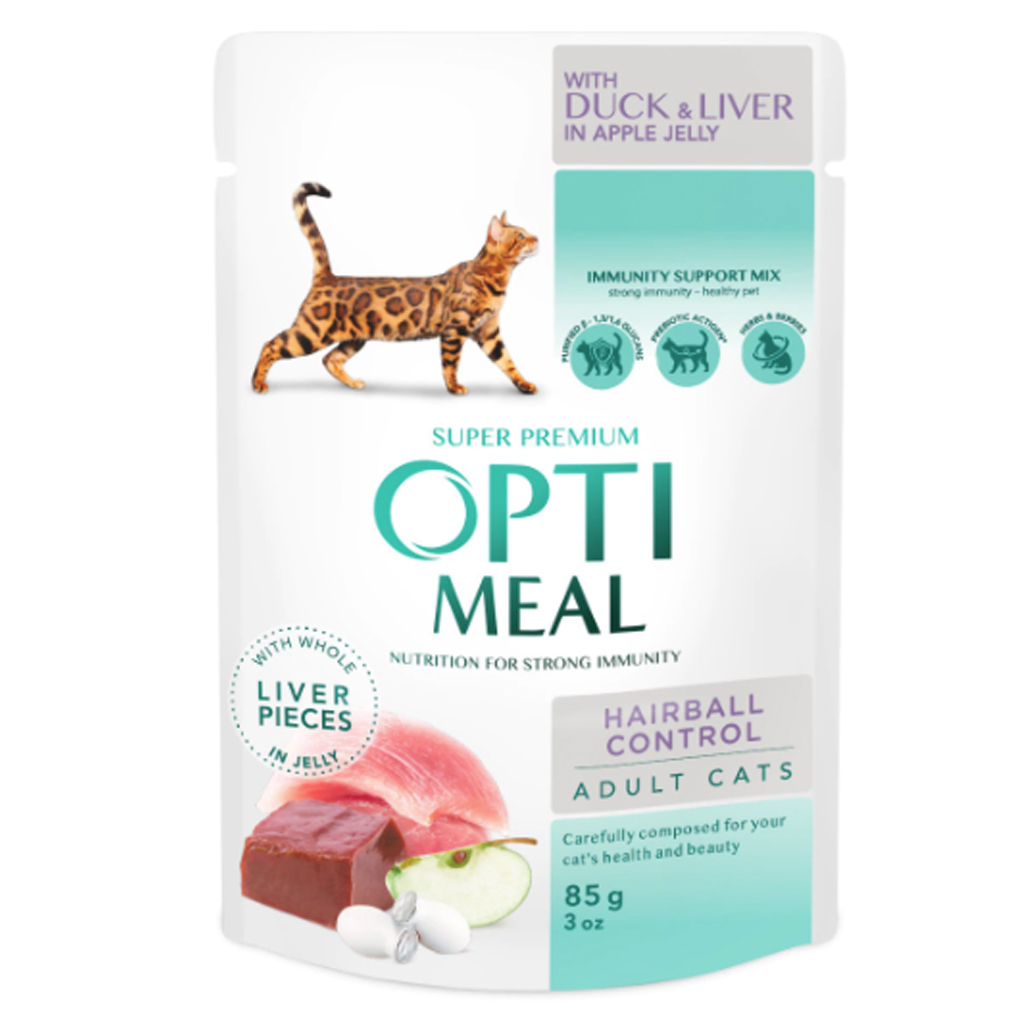 OptiMeal Pouch Hairball Ördek-Ciğer-Elma Jöleli Yaş Kedi Maması 85 GR