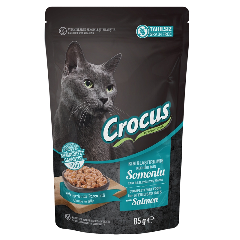 Crocus Tahılsız Kısırlaştırılmış Kedi Somonlu Pouch Jöleli Yaş Mama 85 G