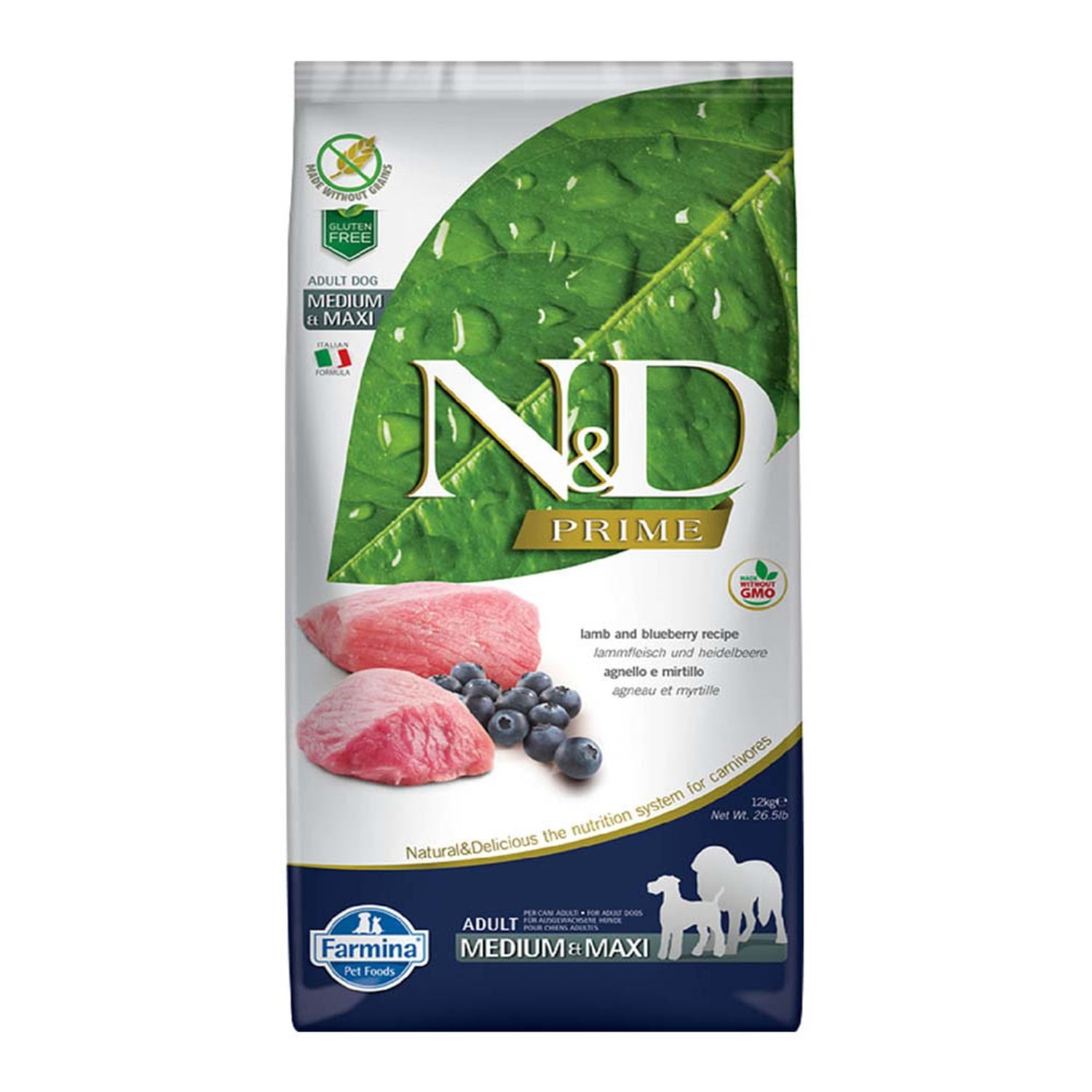 N&D Prime - Kuzulu ve Yaban Mersinli Tahılsız Orta ve Büyük Irk Yetişkin Köpek Maması 2,5KG
