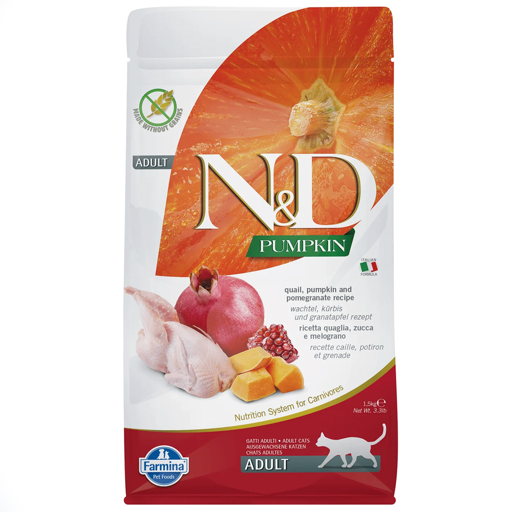 N&D Pumpkin - Bıldırcınlı, Balkabaklı ve Narlı Yetişkin Kedi Maması 1,5KG