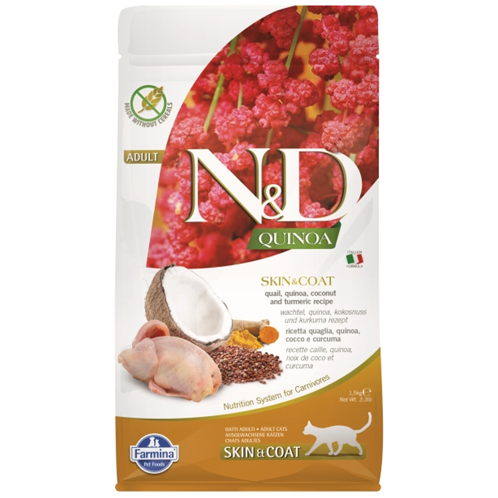 N&D Quinoa - Skin&Coat Bıldırcınlı ve Kinoalı Tüy Sağlığı İçin Yetişkin Kedi Maması 1,5KG