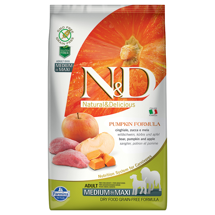 N&D Pumpkin - Yaban Domuzlu, Balkabaklı ve Elmalı Orta ve Büyük Irk Yetişkin Köpek Maması 2,5KG