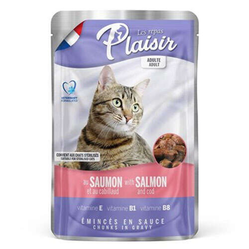 Plaisir Pouch Somon ve Morina Balıklı Soslu Parçalı Yetişkin Kedi Yaş Maması 100 Gr