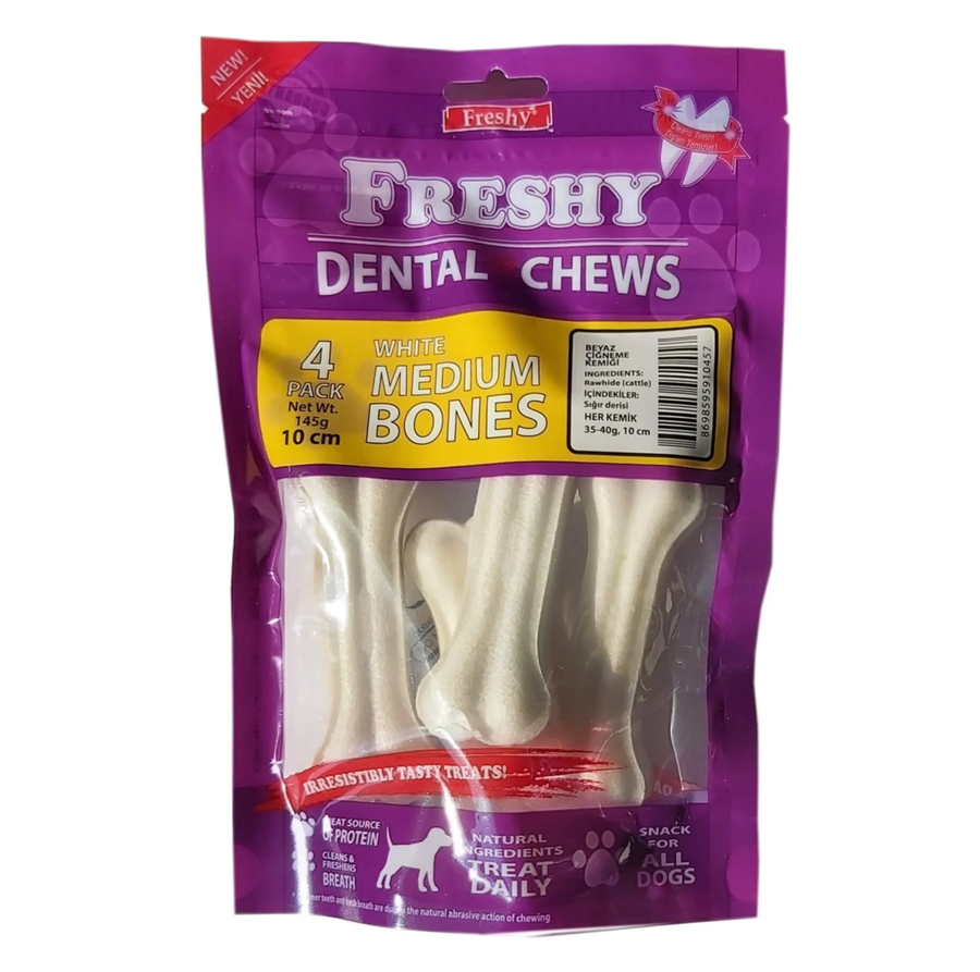 Freshy Beyaz Press Deri Köpek Çiğneme Kemiği Medium Bones 10 Cm 4 Adet