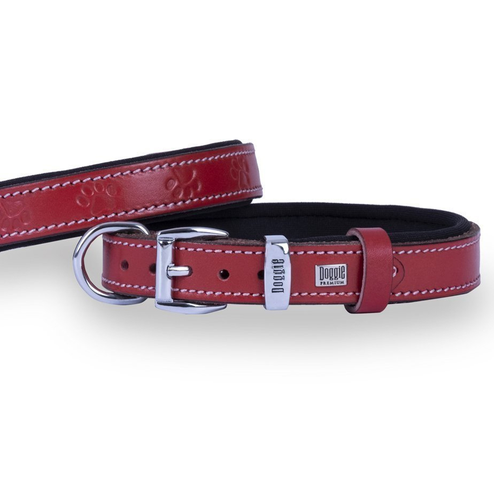 Doggie Konforlu Gerçek Deriden El Yapımı Pati Desenli Köpek Boyun Tasması Kırmızı 2x30-35cm