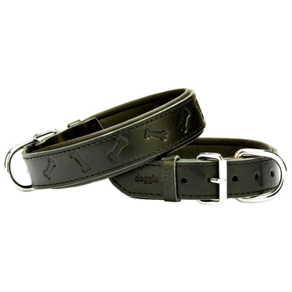 Doggie Konforlu Gerçek Deriden El Yapımı Kemik Desenli Köpek Boyun Tasması Siyah 3x42-50cm