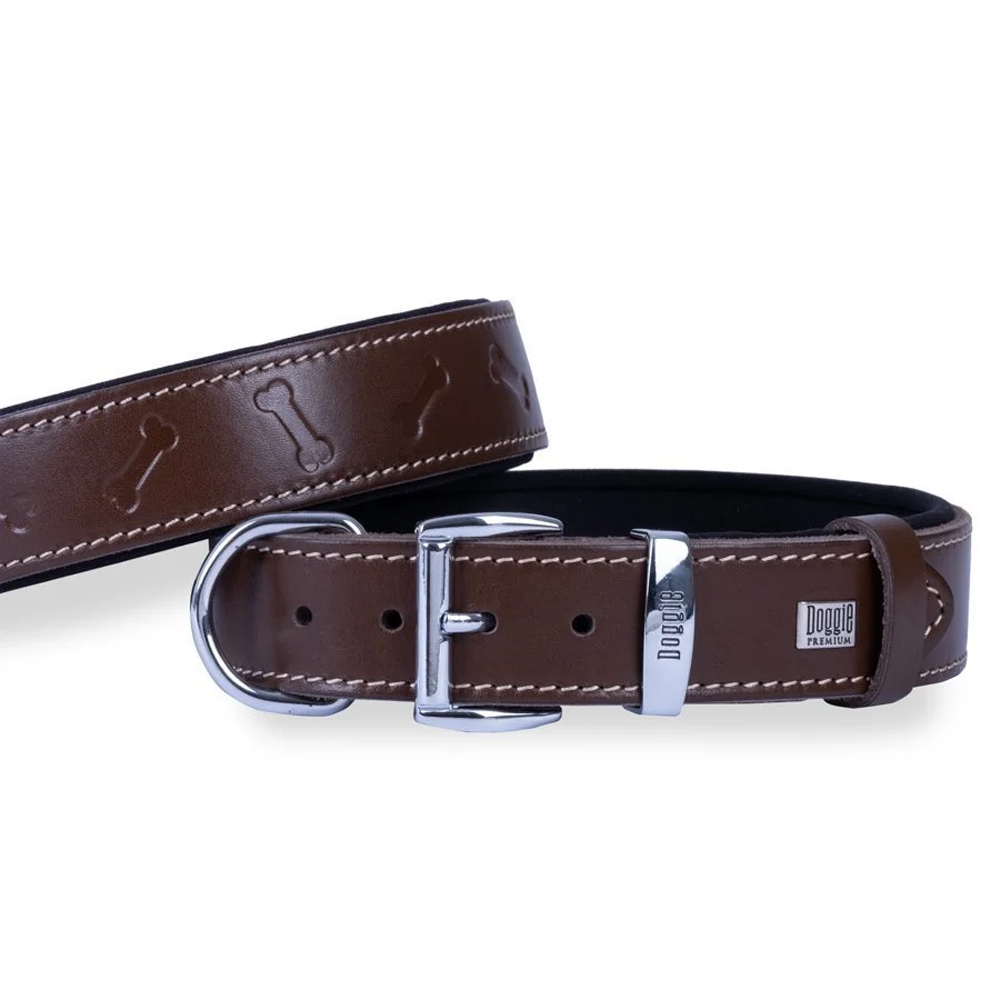 Doggie Comfort Deri Kemik Desenli Köpek Boyun Tasması Kahverengi 3.5x47-55 Cm