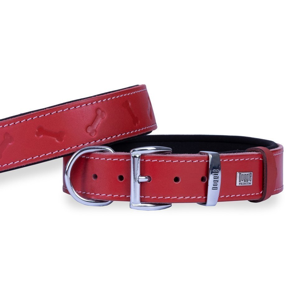 Doggie Konforlu Gerçek Deriden El Yapımı Kemik Desenli Köpek Boyun Tasması Kırmızı 4x47-55cm