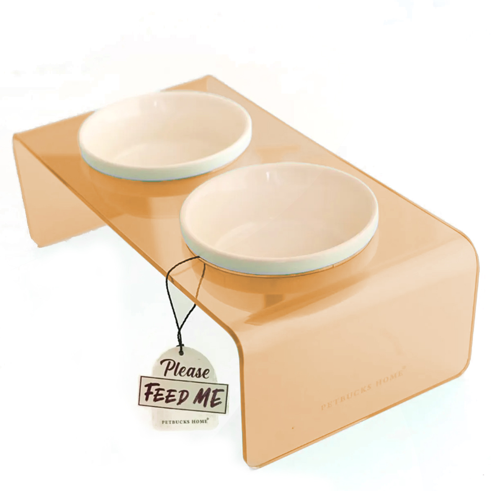 Petbucks Home Kedi ve Köpek Dekoratif Seramik İkili Mama Kabı & Su Kabı 2x300 ml (Şeffaf Kahve)