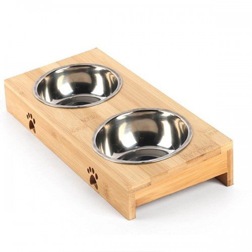 Carno Ahşap Sehpalı İkili Çelik Mama Kabı 2x200ml