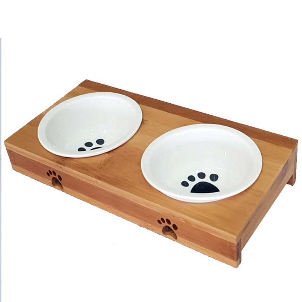 Carno Ahşap Sehpalı İkili Seramik Mama ve Su Kabı 2x200ml