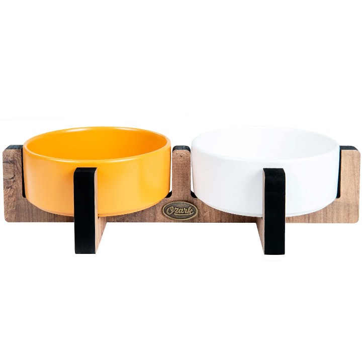 PetVoda Ozark Ahşap Standlı İkili Seramik Mama-Su Kabı Seti Beyaz-Hardal 33x16x6 cm (400 ml x 2)