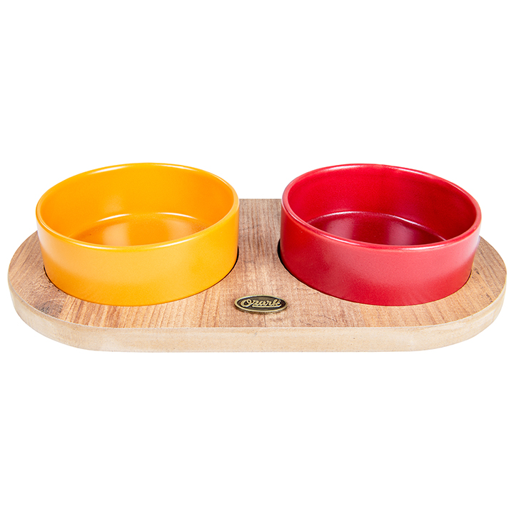 PetVoda Ozark Oval Ahşap Standlı İkili Seramik Mama-Su Kabı Seti Hardal-Kırmızı 19,5x37,2 cm (400 ml x 2)