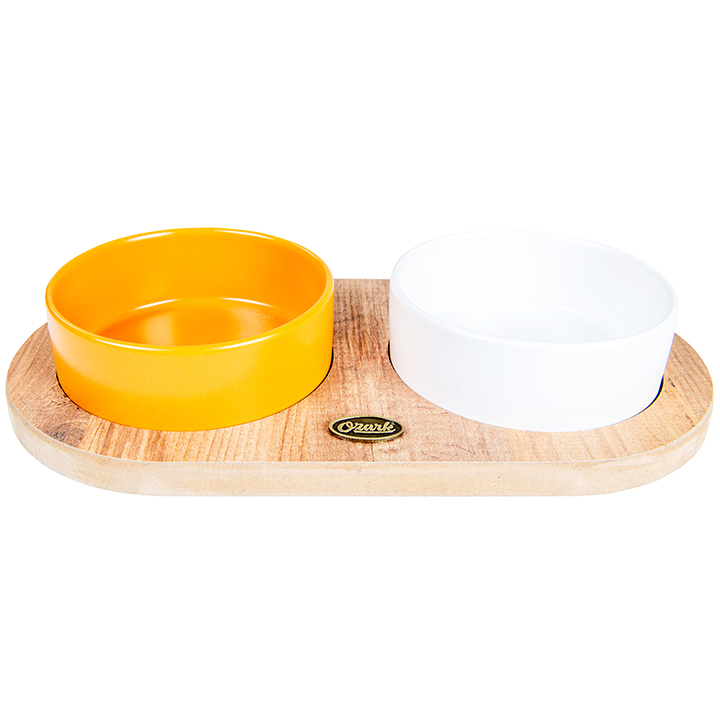 PetVoda Ozark Oval Ahşap Standlı İkili Seramik Mama-Su Kabı Seti Hardal-Beyaz 19,5x37,2 cm (400 ml x 2)