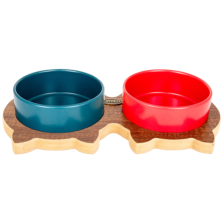 PetVoda Ozark Kedili Ahşap Standlı İkili Seramik Mama-Su Kabı Seti Petrol Mavisi-Kırmızı 19,5x37,2 cm (400 ml x 2)