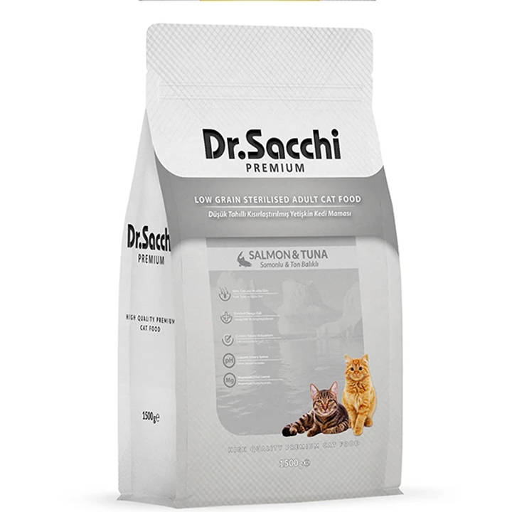 Dr.Sacchi Premium Düşük Tahıllı Somonlu ve Ton Balıklı Kısırlaştırılmış Kedi Maması 1,5KG