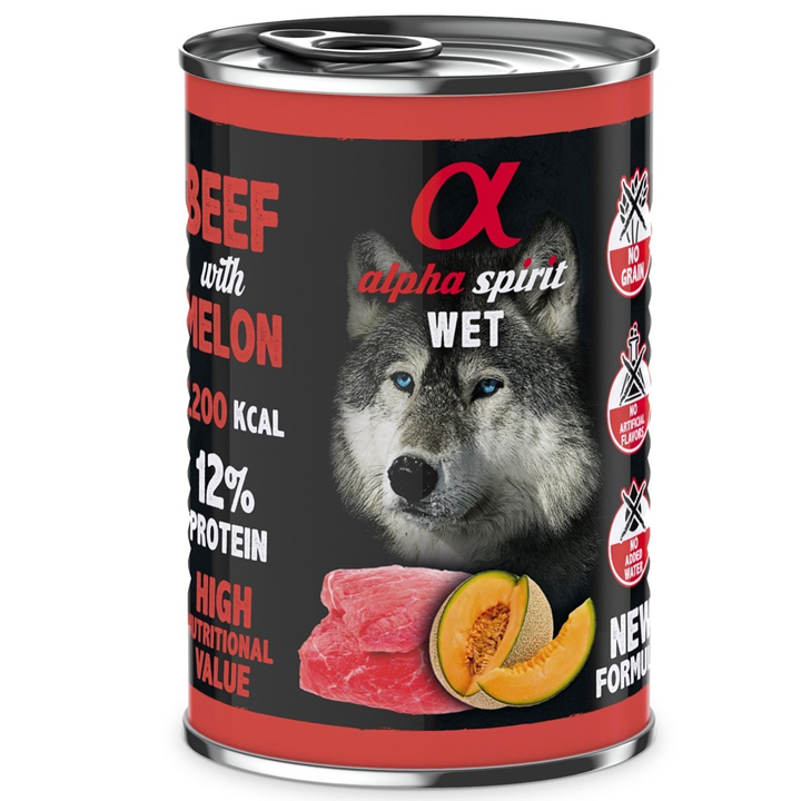 Alpha Spirit Sığır Etli (93) ve Kavunlu Tahılsız Yetişkin Köpek Konservesi 400 gr