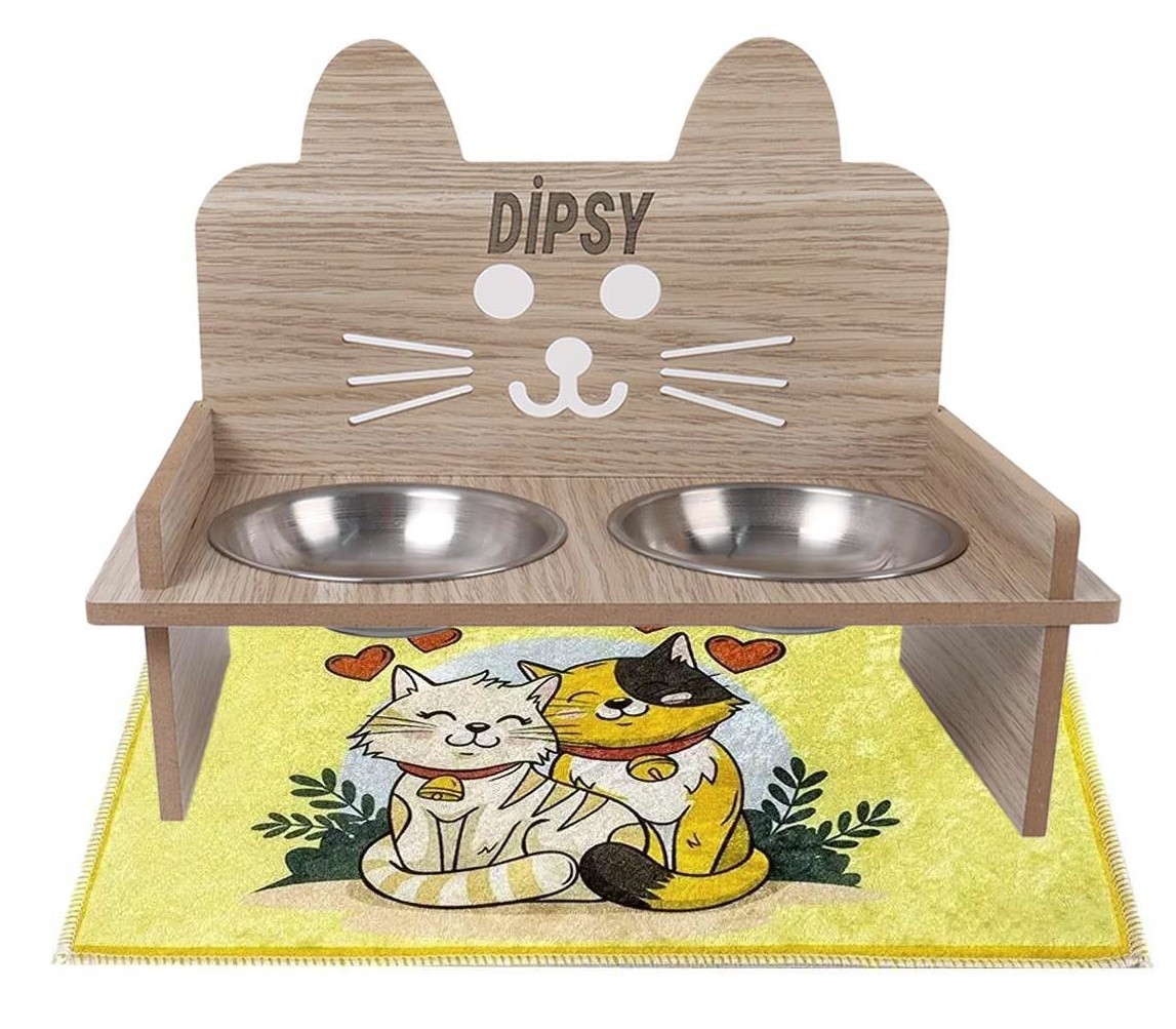 Pet Style Ahşap Stantlı İkili Seramik Mama ve Su Kabı