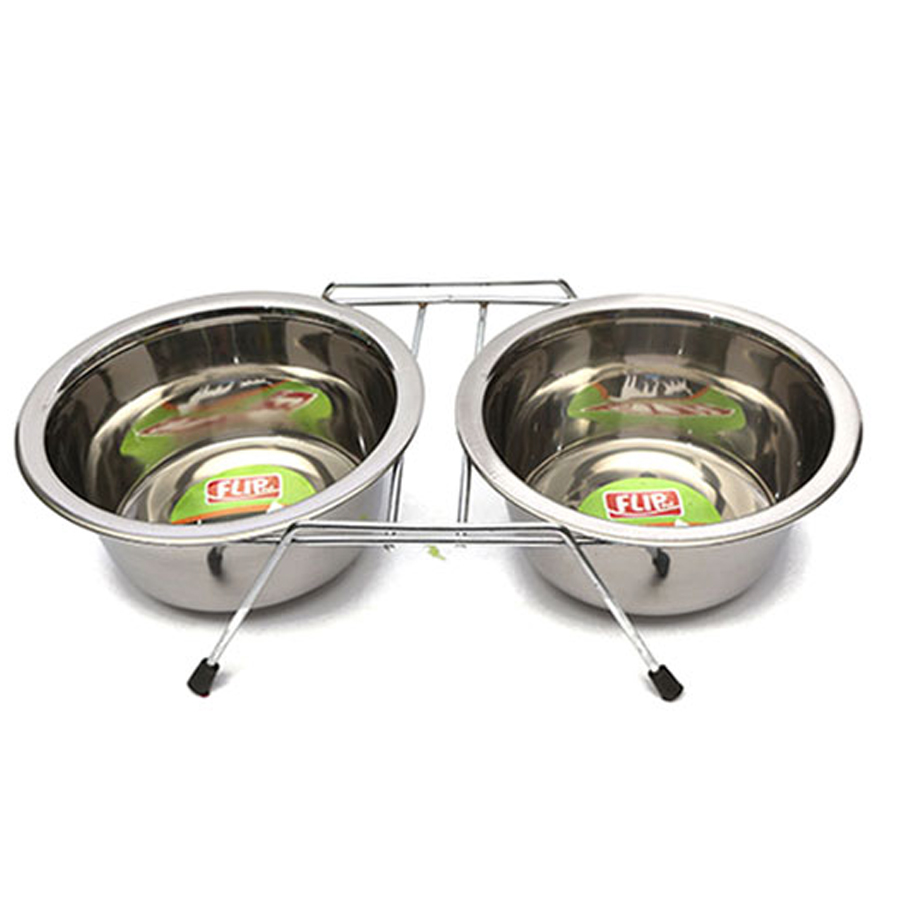 Flip Tel Ayaklı İkili Çelik Mama ve Su Kabı 16 Oz.