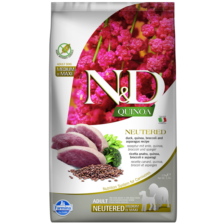 N&D Quinoa - Neutered Ördekli, Brokolili ve Kinoalı Kısırlaştırılmış Orta ve Büyük Irk Kısırlaştırılmış Köpek Maması 2,5KG