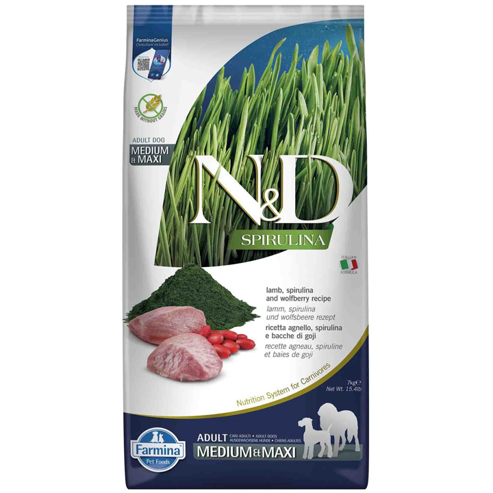 N&D Spirulina - Kuzulu ve Spirulinalı Tahılsız Orta ve Büyük Irk Yetişkin Köpek Maması 7KG