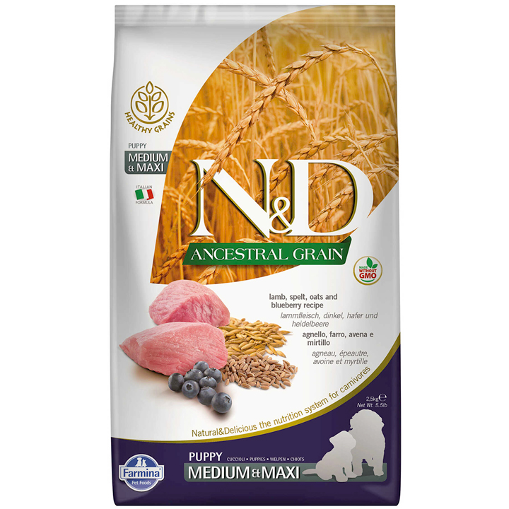 N&D Ancestral Grain - Düşük Tahıllı Kuzulu ve Yaban Mersinli Orta ve Büyük Irk Yavru Köpek Maması 2,5KG