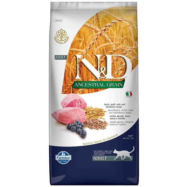 N&D Ancestral Grain - Düşük Tahıllı Kuzulu ve Yaban Mersinli Yetişkin Kedi Maması 5KG	