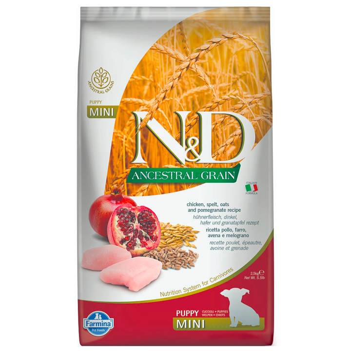 N&D Ancestral Grain - Düşük Tahıllı Tavuklu ve Narlı Küçük Irk Yavru Köpek Maması 2,5KG