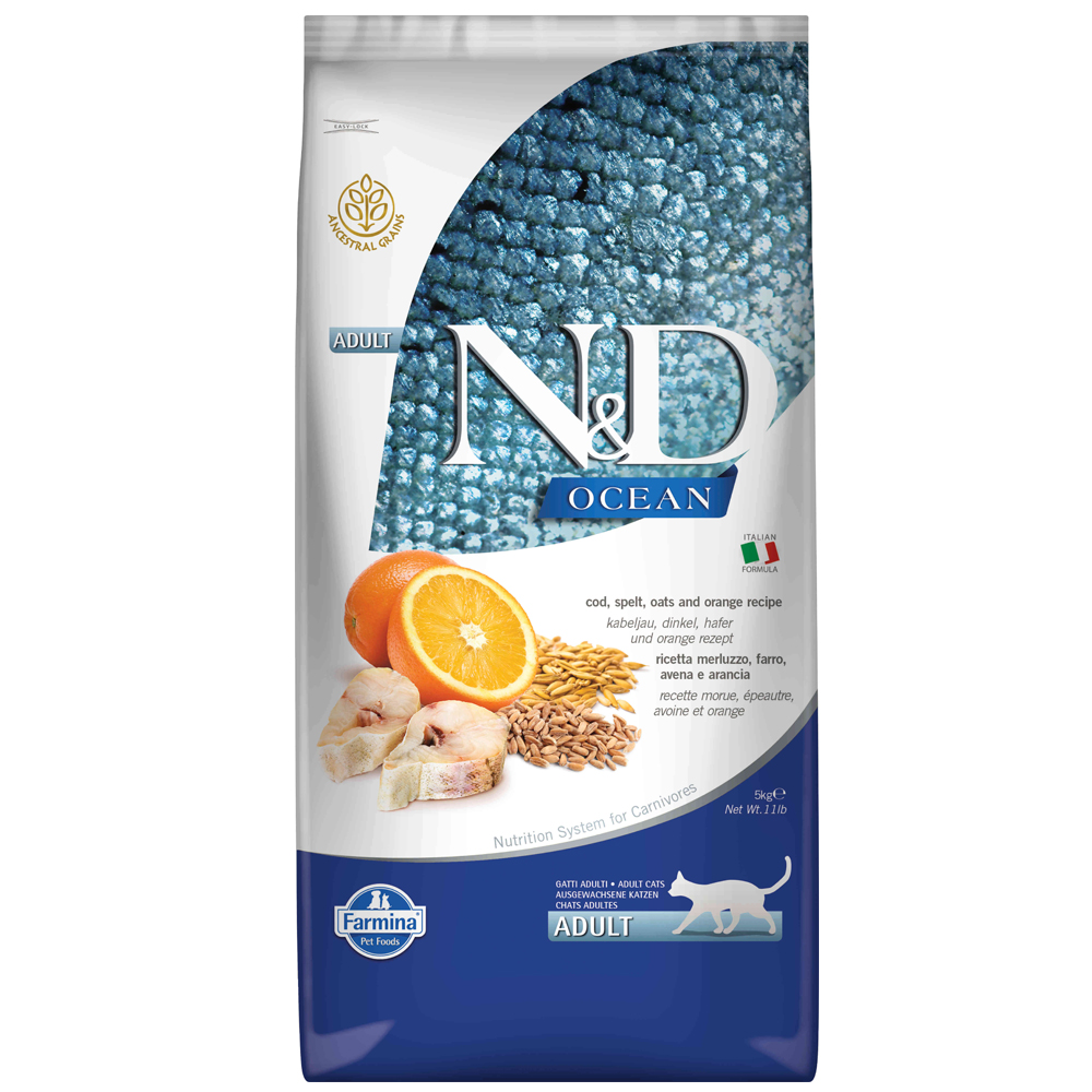 N&D Ocean - Düşük Tahıllı - Morina Balıklı ve Portakallı Yetişkin Kedi Maması 5KG